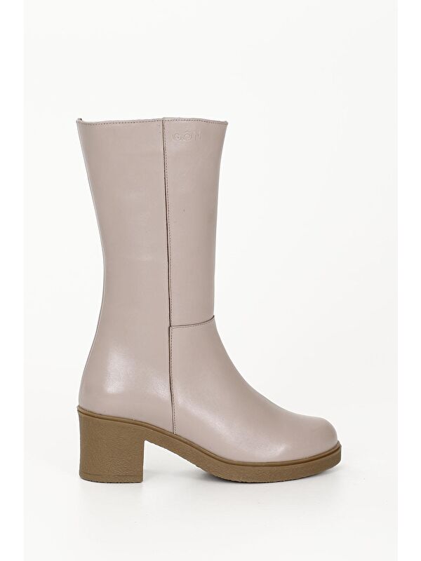 PUDRA PEMBE Hakiki Deri Yuvarlak Burun Kauçuk Taban Topuklu Kadın Günlük Çizme 47522 - Görsel 5
