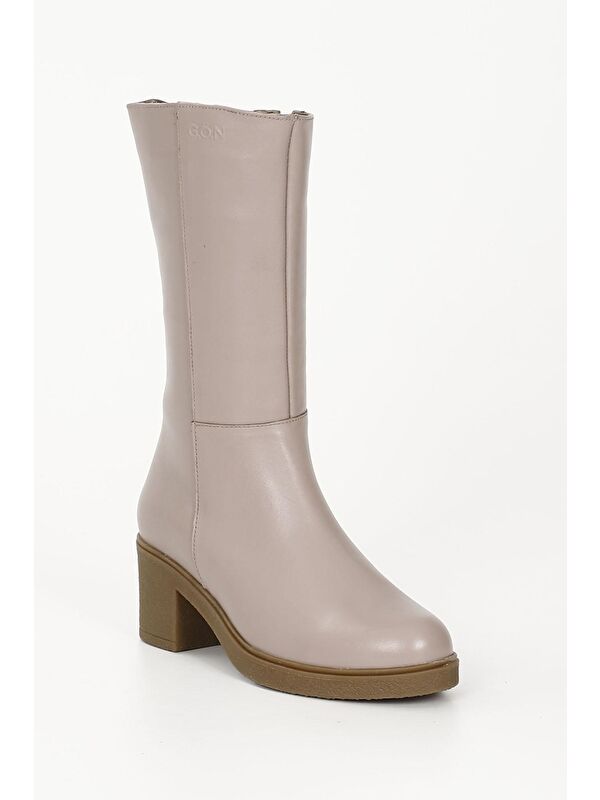 PUDRA PEMBE Hakiki Deri Yuvarlak Burun Kauçuk Taban Topuklu Kadın Günlük Çizme 47522 - Görsel 6