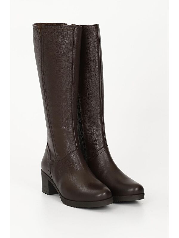 KAHVERENGİ Hakiki Deri Yuvarlak Burun Kauçuk Taban Topuklu Fermuarlı Kadın Günlük Çizme 46529 - Görsel 3