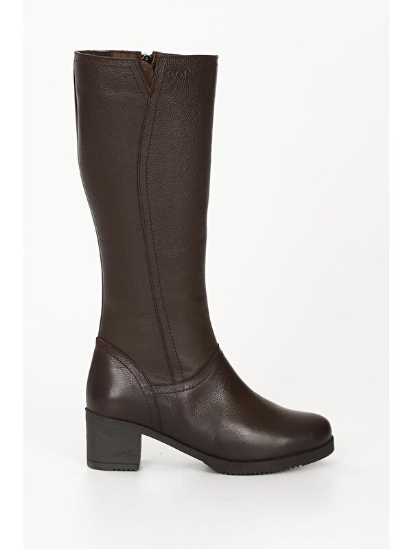 KAHVERENGİ Hakiki Deri Yuvarlak Burun Kauçuk Taban Topuklu Fermuarlı Kadın Günlük Çizme 46529 - Görsel 5