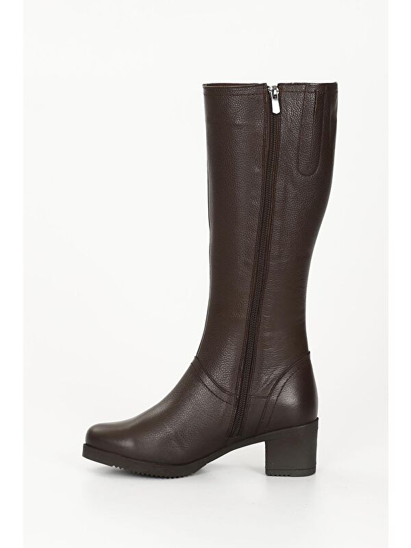 KAHVERENGİ Hakiki Deri Yuvarlak Burun Kauçuk Taban Topuklu Fermuarlı Kadın Günlük Çizme 46529 - Görsel 7