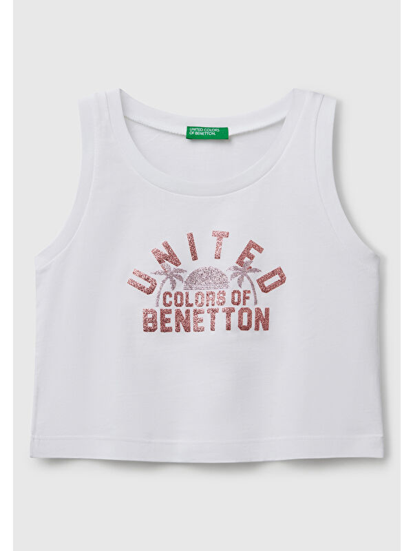 United Colors Of Benetton Kız Çocuk Beyaz Simli Benetton Logo Baskılı Atlet
