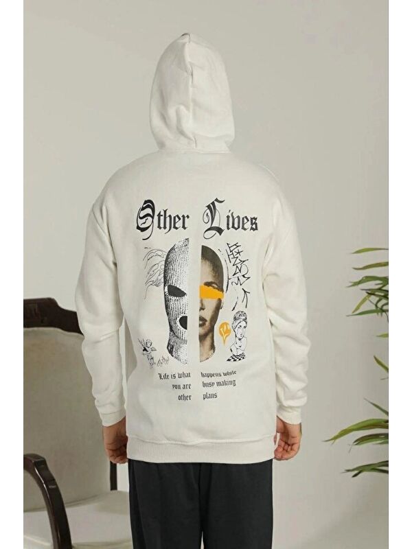 Jane's Oversize Üç İplik Şardonlu Kapüşonlu Sweatshirt – Beyaz “Other Lives” Ön Ve Arka Baskılı, Kanguru Ce