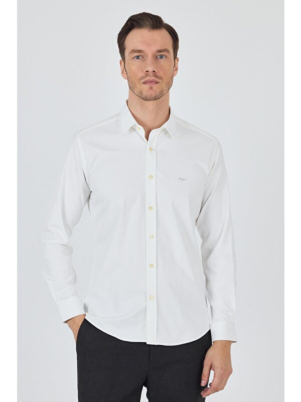 İMZA Uzun Kol Düz Bez Ayağı Sert Yaka Cepsiz Pamuklu Classic Slim Fit Gömlek 1004250211