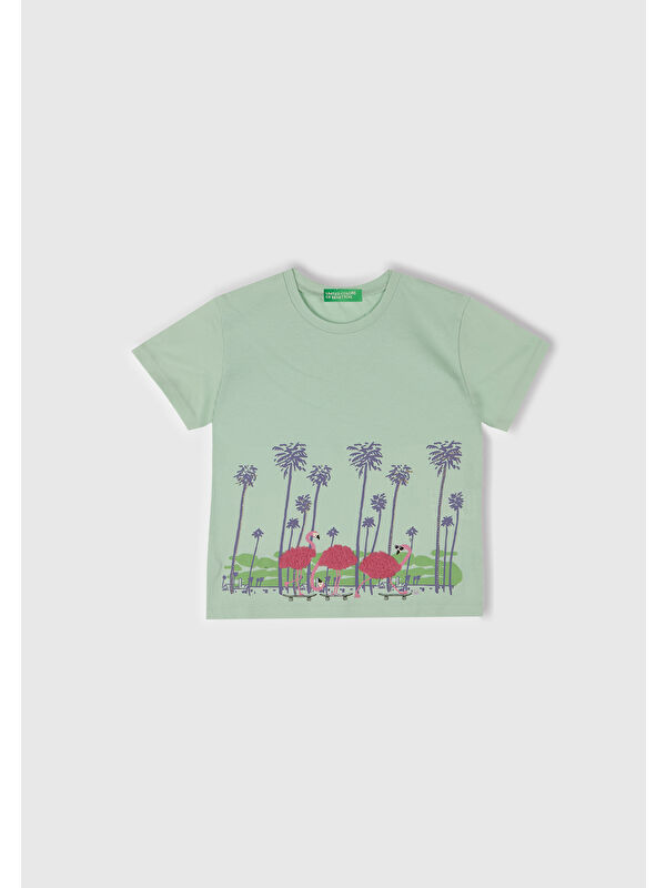 United Colors Of Benetton Kız Çocuk Su Yeşili Önü Baskılı Tül Aplikli Yırtmaçlı T-Shirt