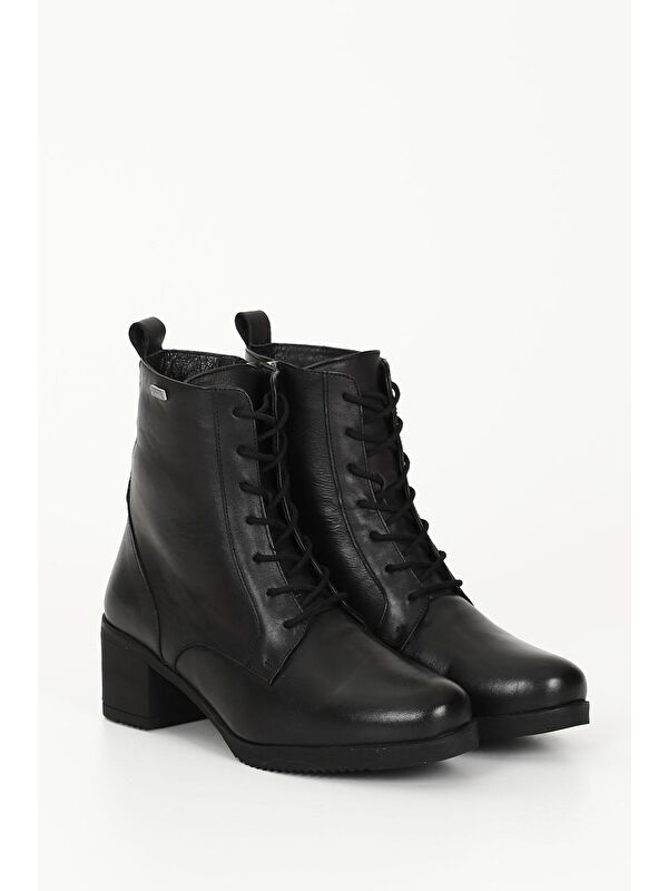 SİYAH Hakiki Deri Yuvarlak Burunlu Fermuarlı Bağcıklı Kadın Günlük Bot 51402 - Görsel 3