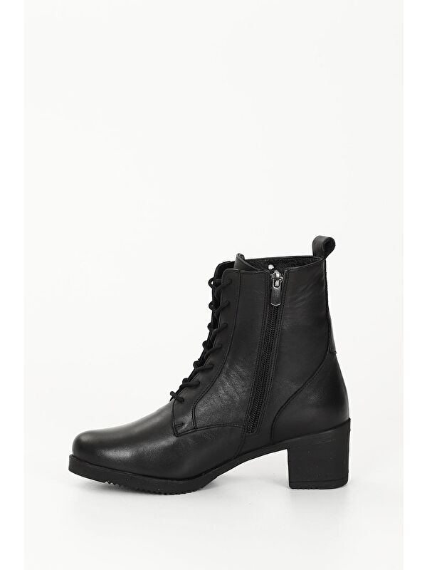 SİYAH Hakiki Deri Yuvarlak Burunlu Fermuarlı Bağcıklı Kadın Günlük Bot 51402 - Görsel 7