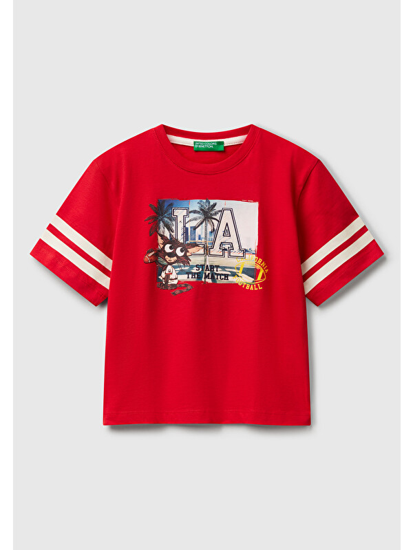 United Colors Of Benetton Erkek Çocuk Kırmızı Fotoğraf Baskılı Kolu Çizgili Oversize T-Shirt