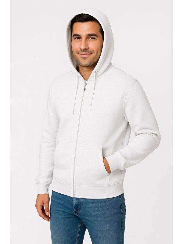 Jane's Erkek Üç İplik Kapüşonlu Tam Fermuarlı Kanguru Çepli SweatShirt Hoodie - Beyaz