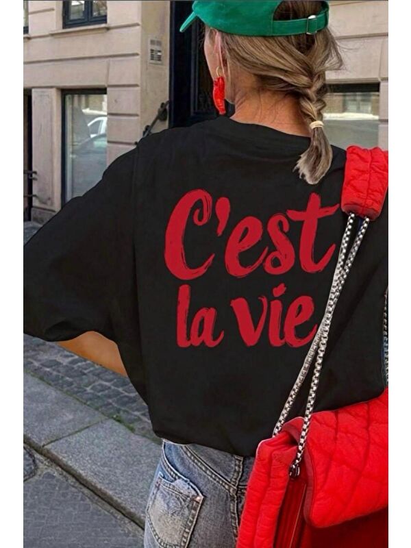 Oksit C'est La Vie Yazılı Oversize Kadın T-shirt