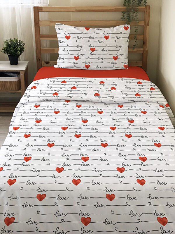 Evmila Çift Taraflı Kalp  Desenli Çarşafsız Takım Tek Kişilik Nevresim Takımı 160x220 Cm