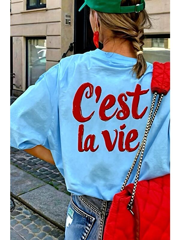 Oksit C'est La Vie Yazılı Oversize Kadın T-shirt