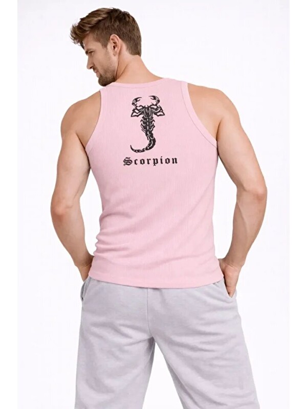 Jane's Erkek Fitilli Atlet Sıfır Yaka Slim Fit Arka Baskılı Spor Atlet - Pembe