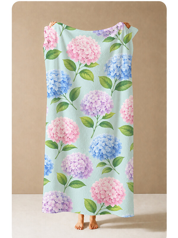 Milbay Grup Pastel Mavi Pembe Ortanca Botanik Desenli 70x150 Plaj Havlusu - Dijital Baskılı Banyo Havlusu