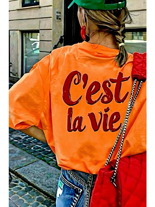Oksit C'est La Vie Yazılı Oversize Kadın T-shirt