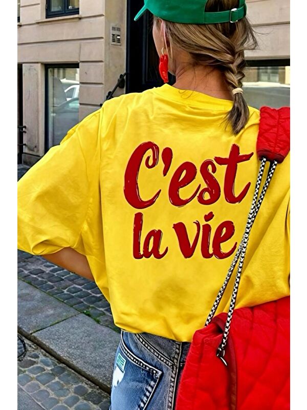 Oksit C'est La Vie Yazılı Oversize Kadın T-shirt