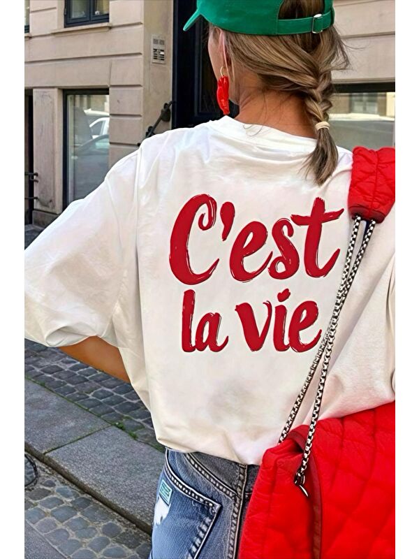 Oksit C'est La Vie Yazılı Oversize Kadın T-shirt
