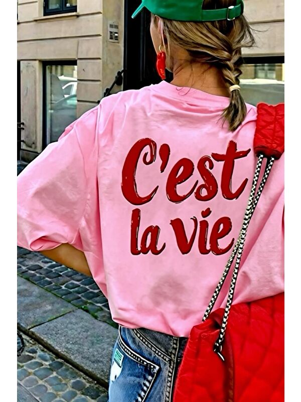 Oksit C'est La Vie Yazılı Oversize Kadın T-shirt