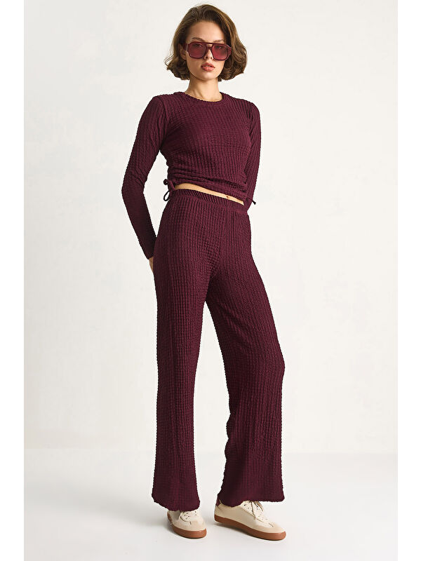 SHADE Kadın Yanları Bağlamalı Crop Beli Lastikli Yüksek Bel Pantolonlu Bürümcük Alt-Üst Takım