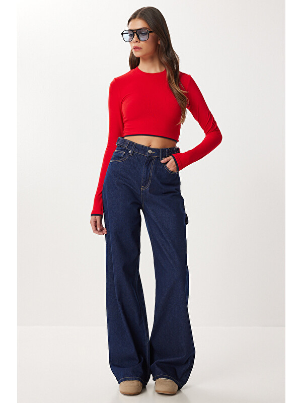 Happiness İstanbul Kemer Detaylı Geniş Paça Jean P0298 KOYU MAVİ LRI0026