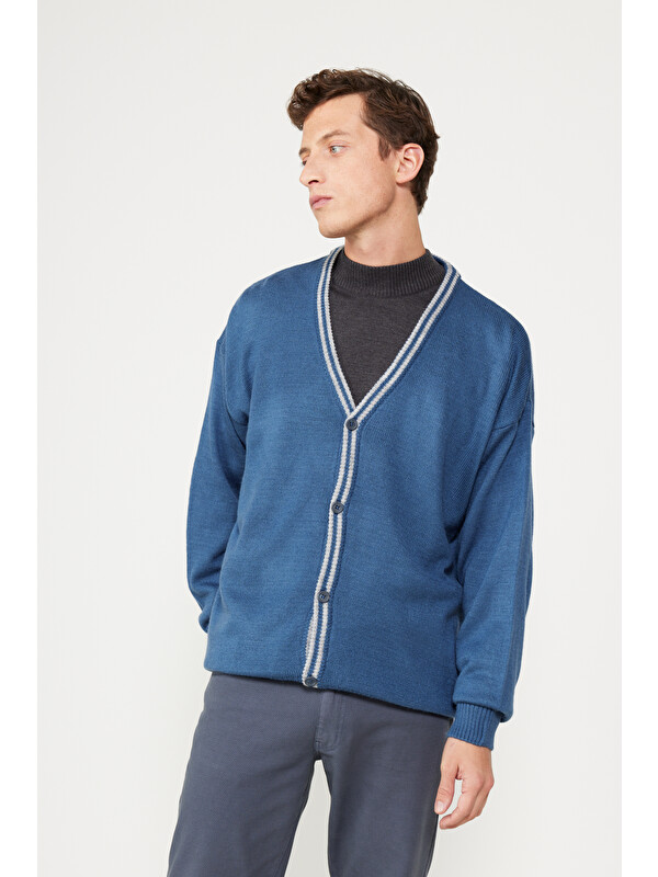 AC&Co / Altınyıldız Classics Erkek INDIGO-GRI MELANJ Standart Fit Normal Kesim V Yaka Triko Hırka