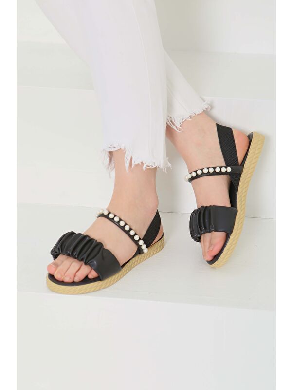 Kadın Siyah Lastili İncili Sandelet - 27108 - Görsel 4