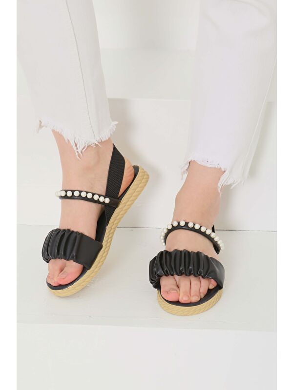 Kadın Siyah Lastili İncili Sandelet - 27108 - Görsel 5