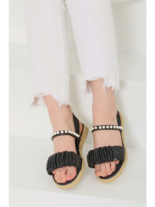 Kadın Siyah Lastili İncili Sandelet - 27108 - Görsel 6