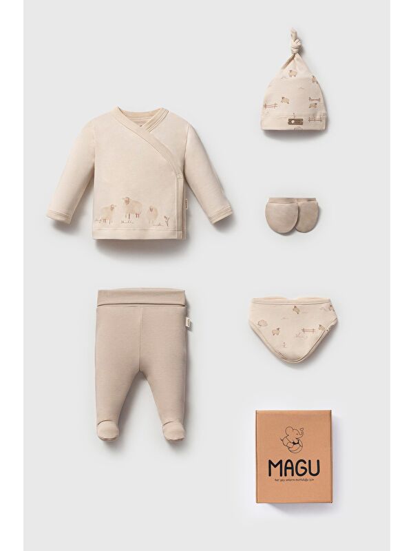 Magu Unisex Bebek Pamuklu Bej Koyun Desenli 5'Li Yenidoğan Hastane Çıkış Seti