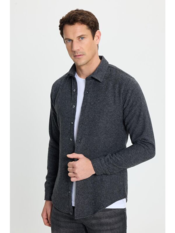 TUDORS Erkek Slim Fit Dar Kesim Uzun Kollu Düz Kışlık Oduncu Koyu Gri Gömlek