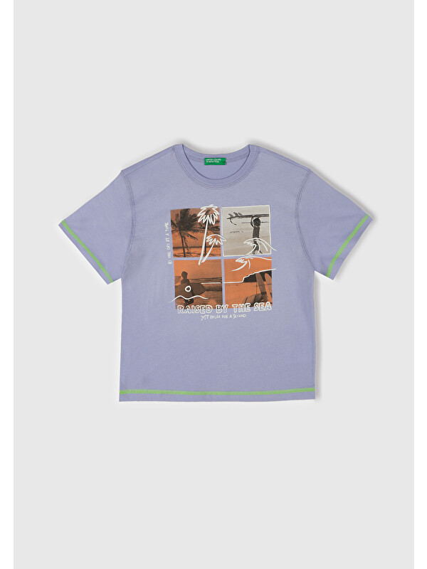 United Colors Of Benetton Erkek Çocuk Mor Fotoğraf Baskılı Kabartma Detaylı Kontrastlı T-Shirt