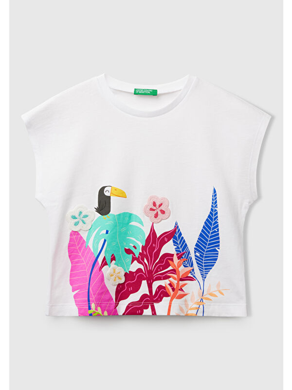 United Colors Of Benetton Kız Çocuk Beyaz Mix Kroşe Detaylı Kimono Kollu T-Shirt