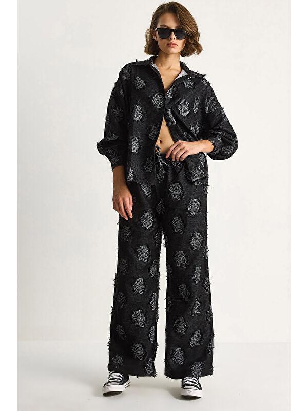 SHADE Kadın Oversize Gömlek Beli Lastikli Pantolon Saçaklı Dokuma Alt-Üst Takım