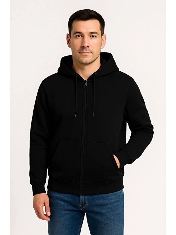 Jane's Erkek Üç İplik Kapüşonlu Tam Fermuarlı Kanguru Çepli SweatShirt Hoodie - Siyah