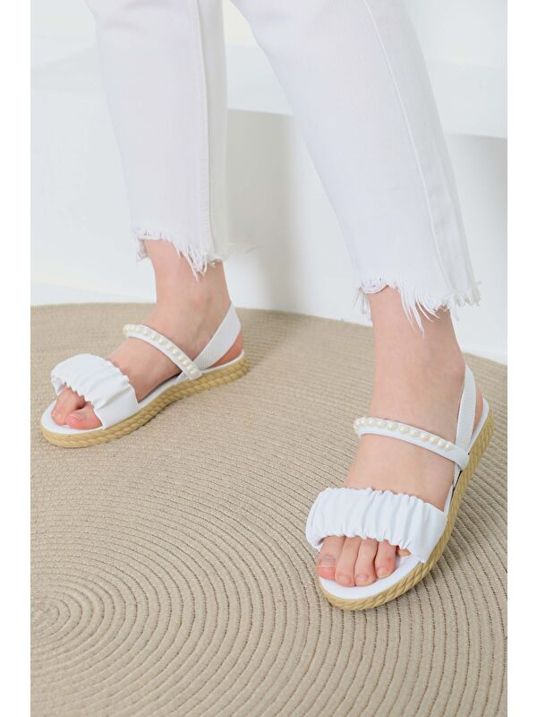 Kadın Beyaz Lastili İncili Sandelet - 27108 - Görsel 4