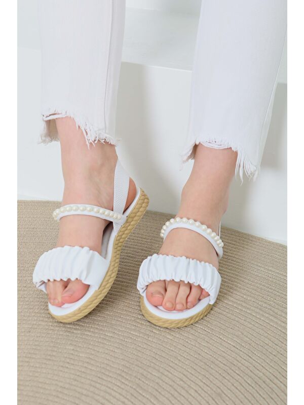 Kadın Beyaz Lastili İncili Sandelet - 27108 - Görsel 5