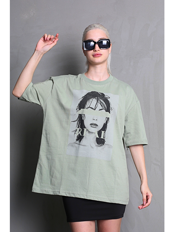 Madmext Çağla Yeşili Oversize Baskılı Kadın Tişört Mg1764