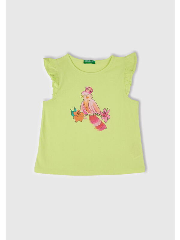 United Colors Of Benetton Kız Çocuk Sarı Önü Baskılı Pile Kollu T-Shirt