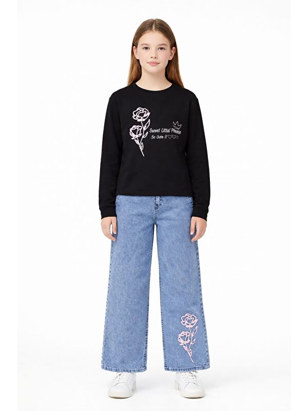 Cansın Mini Siyah Gül Nakışlı Badili Jean Pantolonlu Kız Çocuk 2li Takım 23748