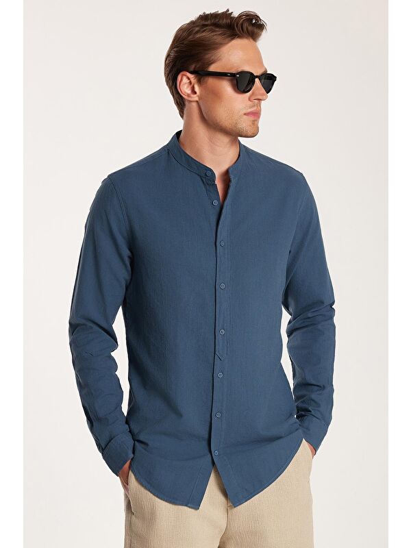 TUDORS Erkek Slim Fit Dar Kesim Uzun Kollu %100 Pamuk Keten Doku Hakim Yaka Koyu Petrol Gömlek