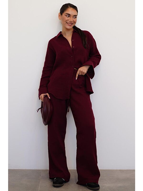 Madmext Bordo Basic Kadın Gömlek Pantolon Takım Mg2461