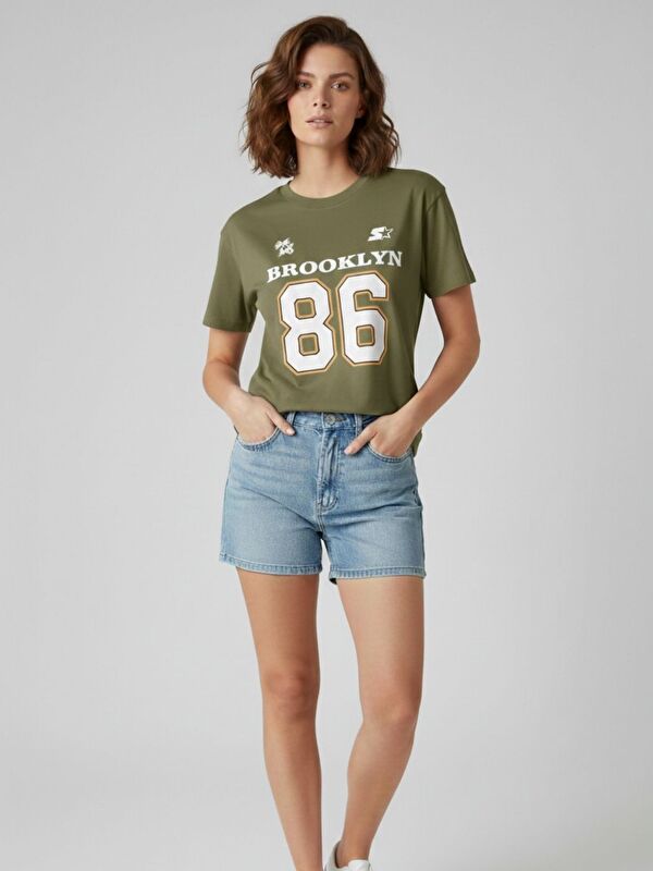 Trendseninle Kadın Haki Brooklyn 86 Baskılı Tişört