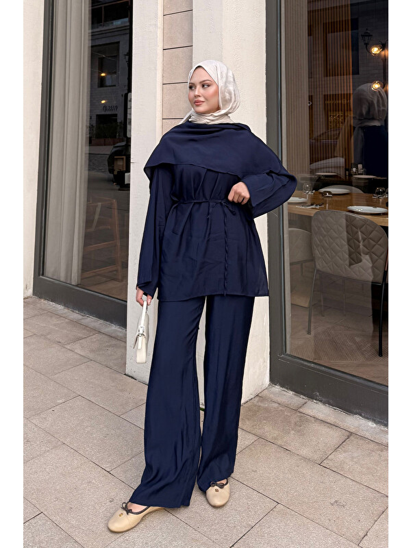 Locco Moda Kadın Şal Detay Bel Bağlamalı Takım Lacivert