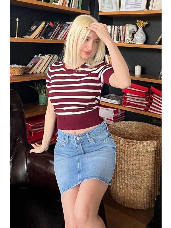 Madmext Bordo Bisiklet Yaka Çizgili Kadın T-Shirt Mg2400