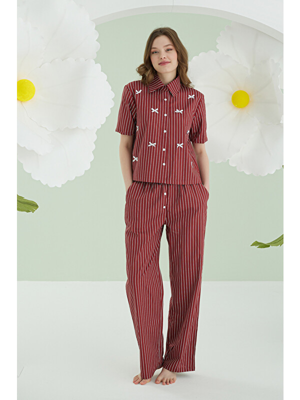 NBB Bordo Kurdele Önden Düğmeli Pijama Takım
