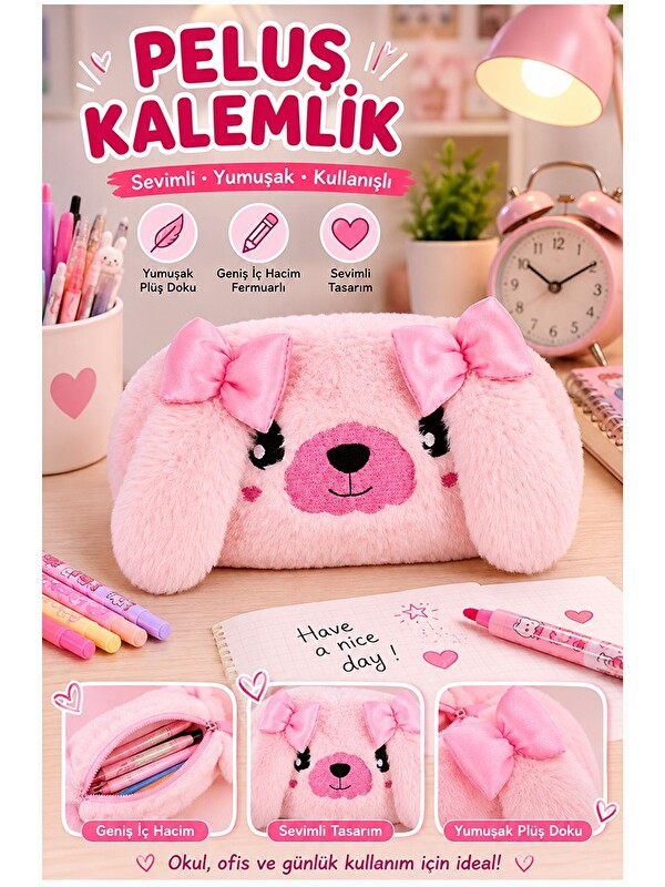 artmaster Pembe Pelüş Tatlı Köpek Fermuarlı Tek Bölmeli Kız Kalemlik 1 Adet Tek Bölmeli Kalemlik Organizer 221