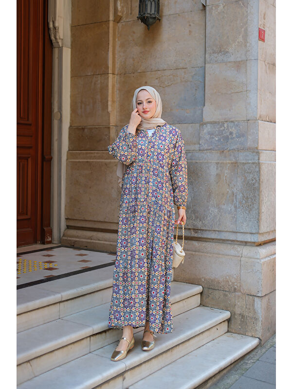 Locco Moda Kadın Stilize Çiçek Desenli Elbise Lacivert