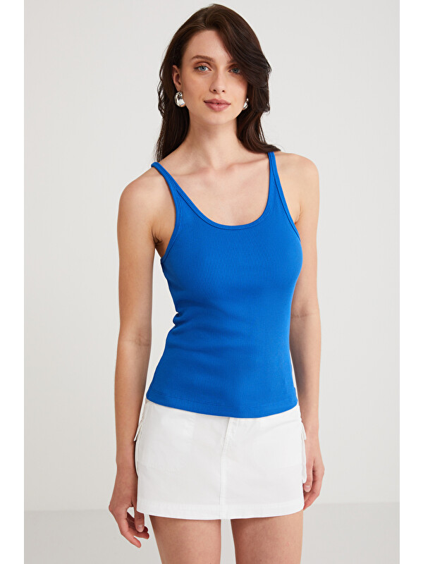 ETHIQUET LIZETH Kadın Slim Fit Dar Kesim Oyuk Yaka İnce Askılı Basic MAVİ Atlet