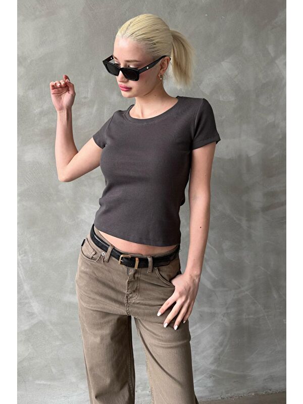 Madmext Füme Geniş Yaka Fittili Basic Kadın T-Shirt Mg2293