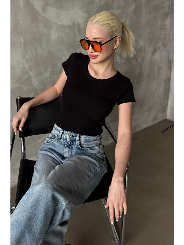 Madmext Siyah Geniş Yaka Fittili Basic Kadın T-Shirt Mg2293